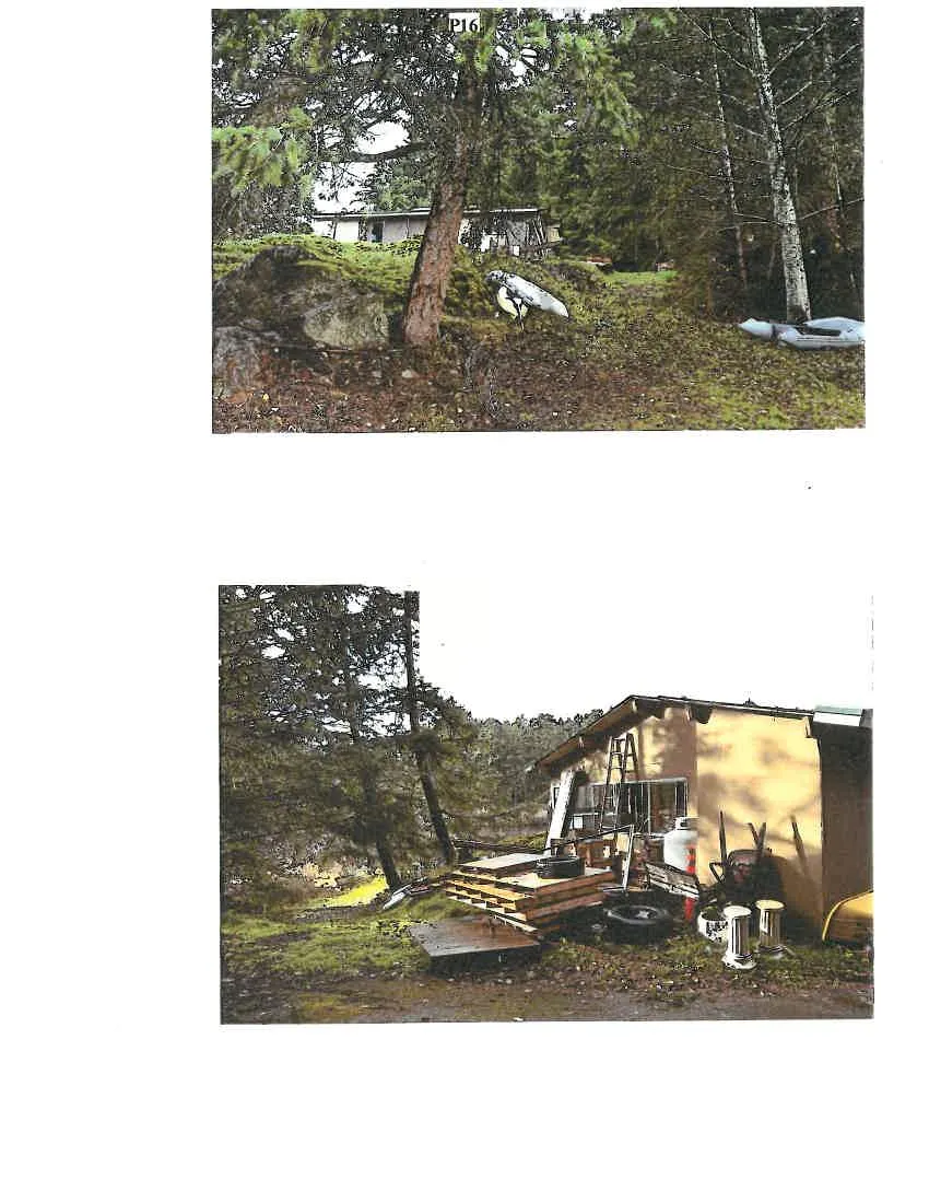 Two photographs showing a wooded property. The top photo shows a building partially obscured by trees with a small boat or kayak on the ground. The bottom photo shows the exterior of a yellow building surrounded by construction materials, including stacked lumber, pallets, a ladder, and a propane tank.