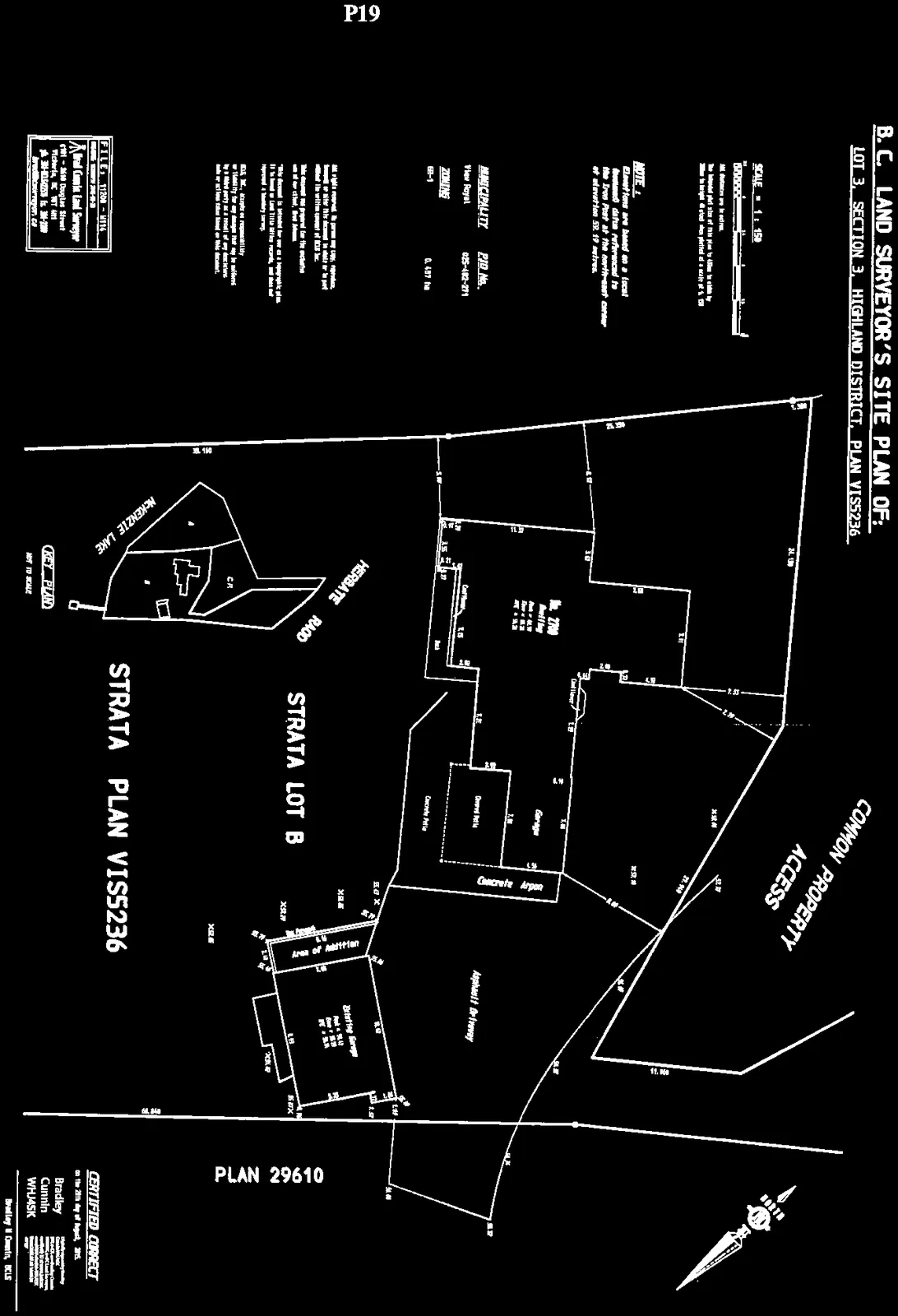 Detailed site plan showing Lot 3, Section 3, Highland District, including Strata Lot A and Strata Lot B, existing structures, and property boundaries.