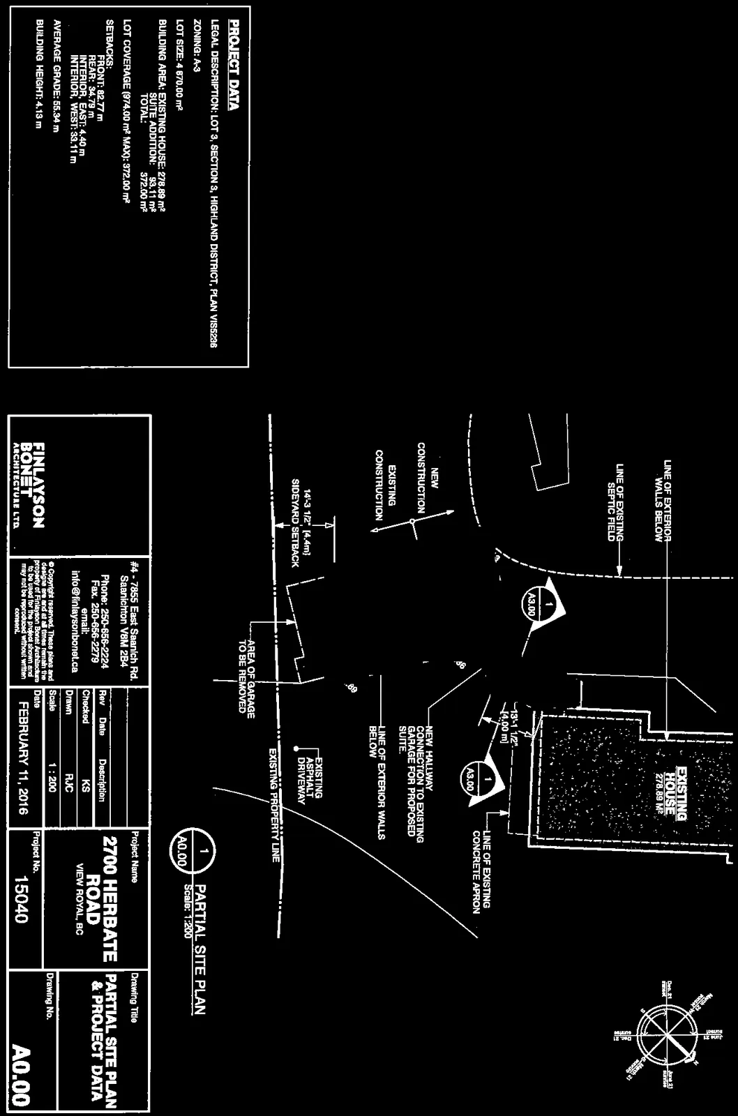 High-contrast version of the partial site plan showing the layout of the existing house, proposed additions, driveway, and property lines.