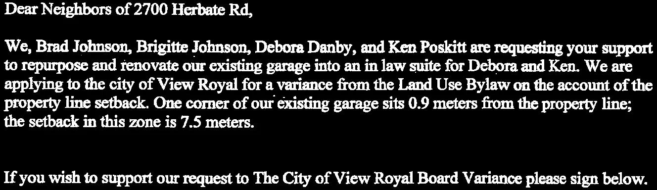 Introductory text requesting neighbor support for a land use variance