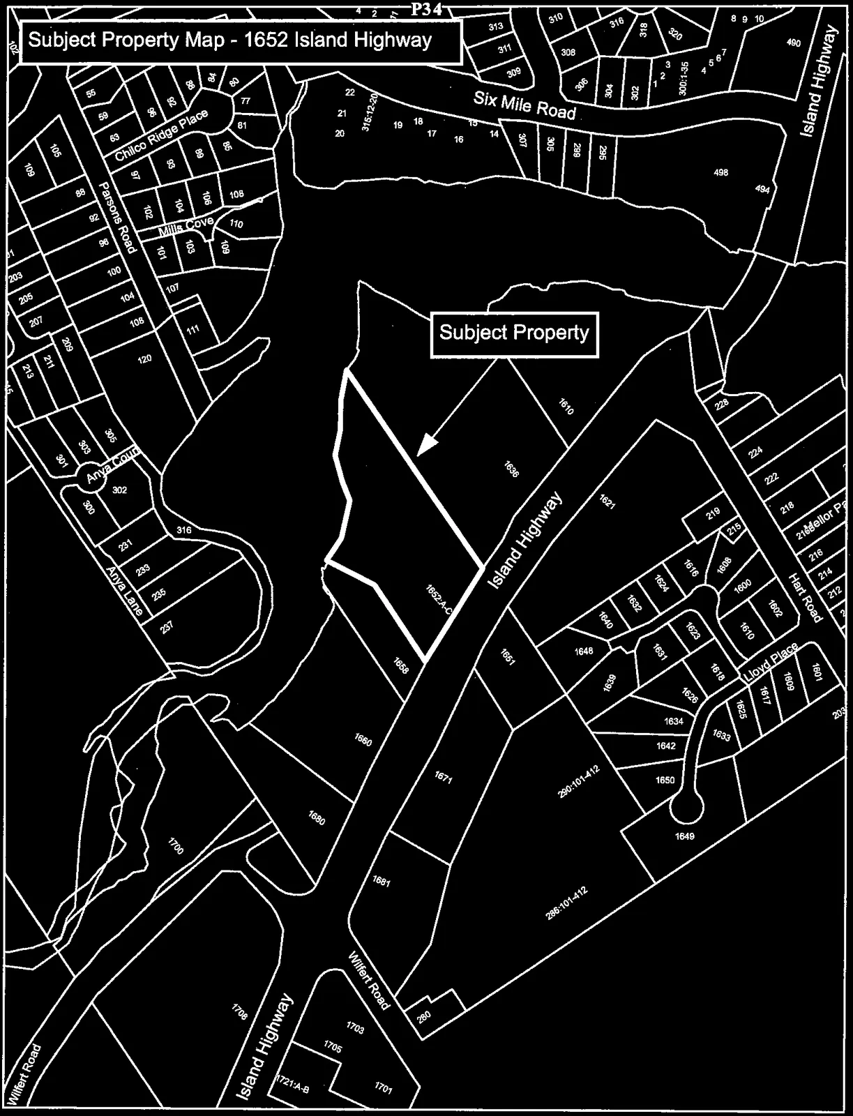 Map showing the subject property located at 1652 Island Highway. The map details surrounding parcels, lot numbers, and streets including Six Mile Road, Island Highway, Wilfert Road, Anya Lane, Anya Court, Parsons Road, Chilco Ridge Place, Mills Cove, Hart Road, Lloyd Place, and Mellor Place.