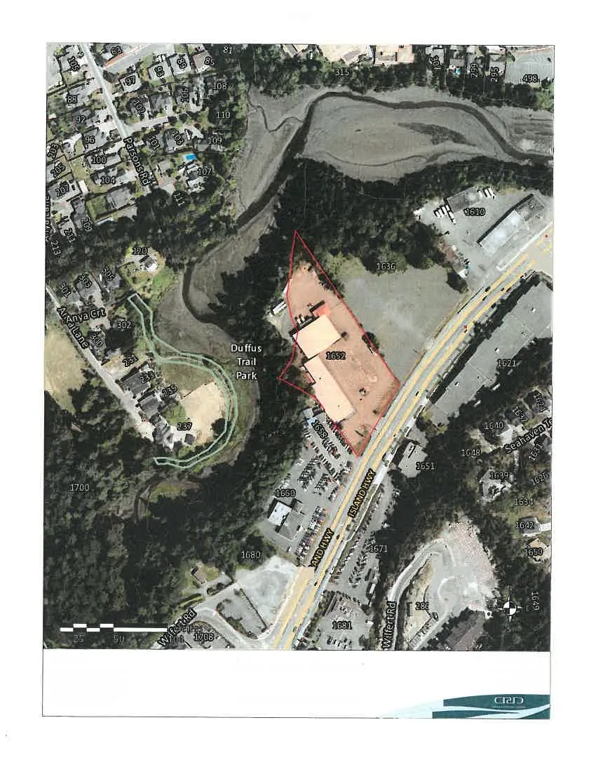 Aerial orthophoto showing the property at 1652 Island Highway outlined in red, situated between Island Hwy and Duffus Trail Park. Surrounding streets include Wilfert Rd, Parsons Rd, Anya Crt, Anya Lane, and Hart Rd.
