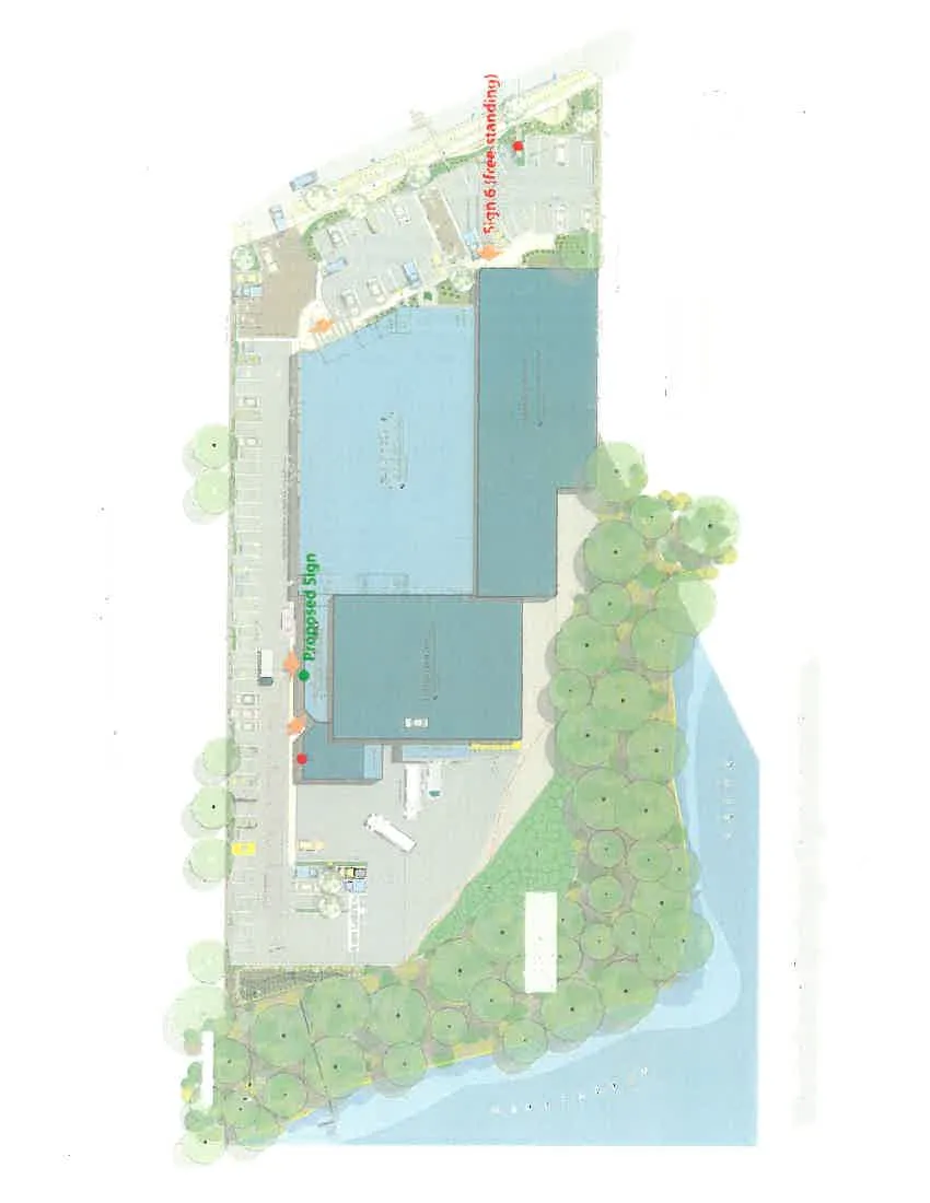 Site plan for Westshore Springs showing locations of existing and proposed signs along with site features such as buildings, parking, and landscaping.