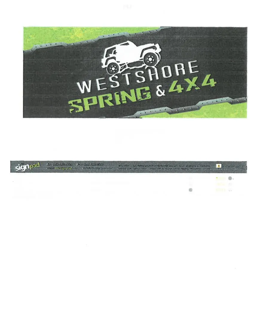 Graphic design for a sign featuring a white off-road vehicle illustration above the text "WESTSHORE SPRING & 4X4"
