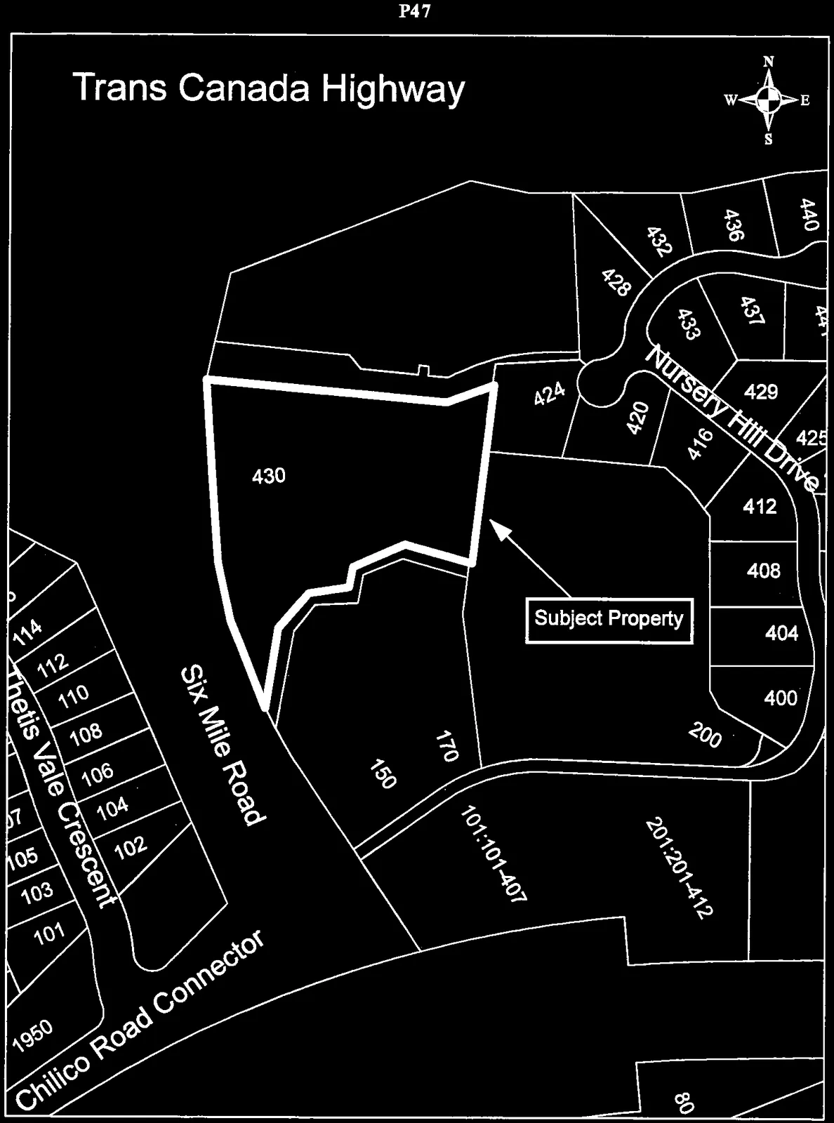 Parcel map highlighting 430 Six Mile Road as the Subject Property, showing adjacent streets including Nursery Hill Drive, Thetis Vale Crescent, and Chilico Road Connector