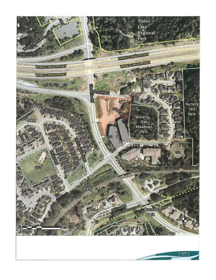 Aerial orthophoto map highlighting the Subject Property at 430 Six Mile Road, surrounded by residential areas and parks including Thetis Lake Regional Park and Garry Oak Meadows Park
