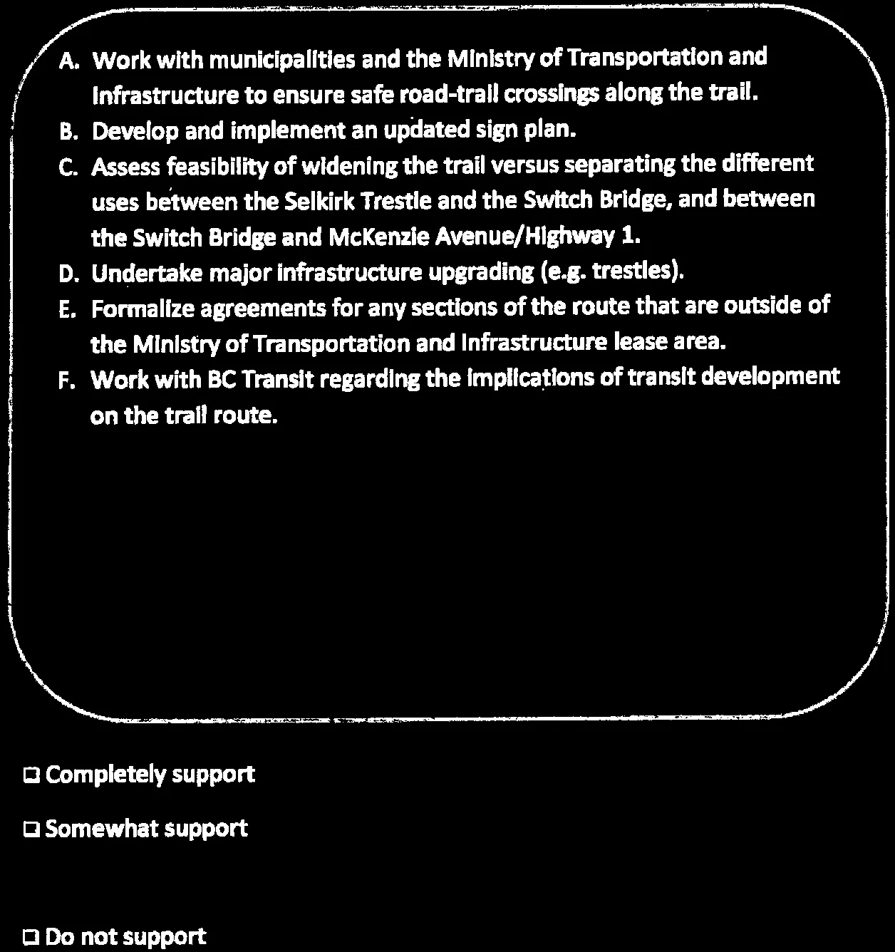 Priority actions A through F for Galloping Goose Regional Trail