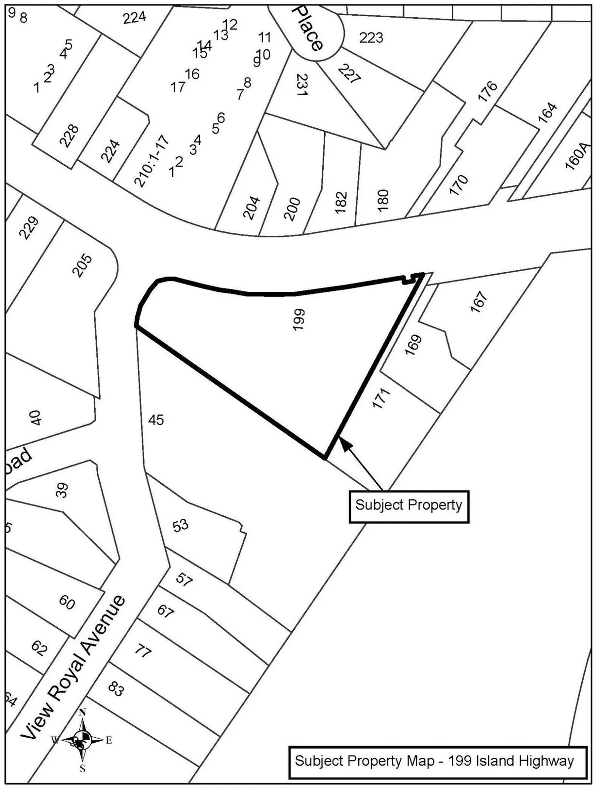 Subject Property Map for 199 Island Highway, showing the highlighted subject property parcel, surrounding lot numbers, and View Royal Avenue.