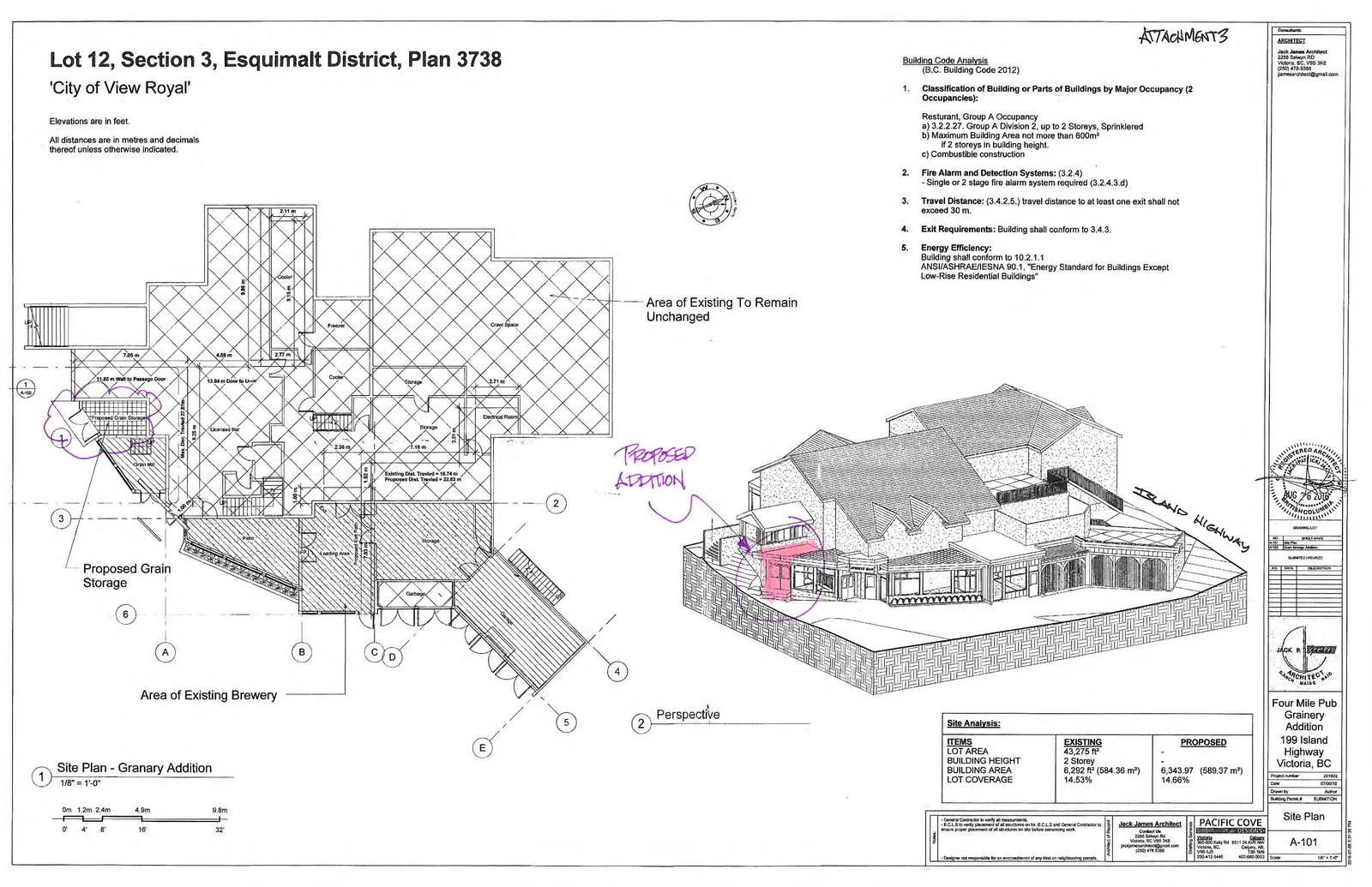 Site Plan - Granary Addition diagram showing building layout, dimensions, existing brewery area, proposed grain storage, and area of existing to remain unchanged
