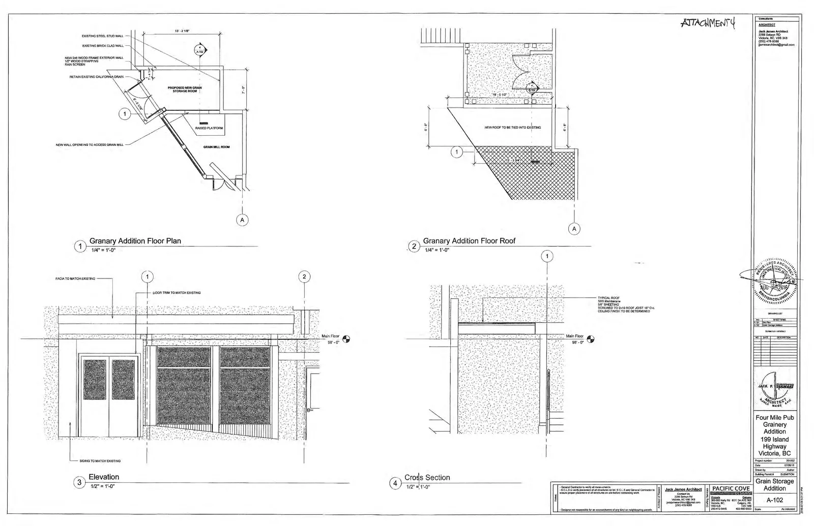 Sheet A-102 architectural drawings for "Grain Storage Addition" including floor plan, roof plan, elevation, and cross section.