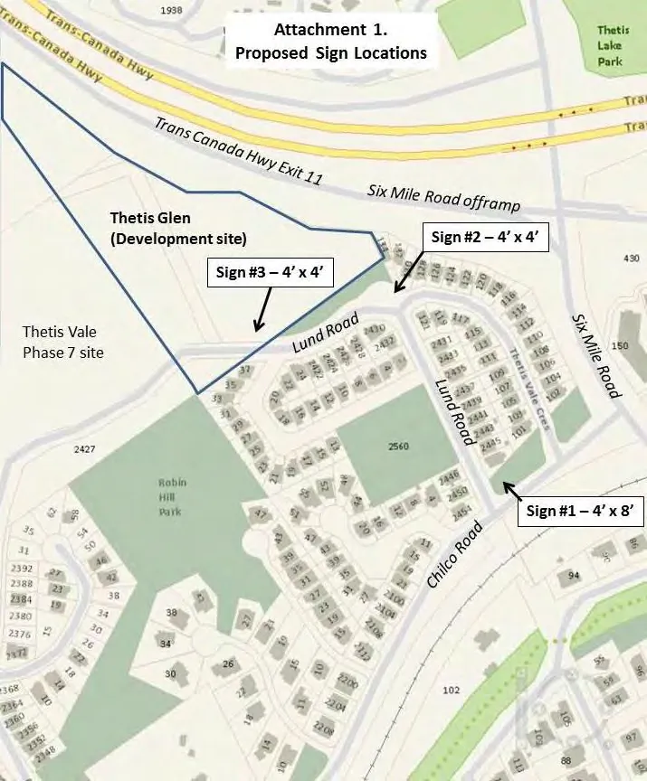 Map titled "Attachment 1. Proposed Sign Locations" showing the Thetis Glen development site and the locations of three proposed signs: Sign #1 (4’ x 8’) at the intersection of Lund Road and Chilco Road, Sign #2 (4’ x 4’) on Lund Road, and Sign #3 (4’ x 4’) further west on Lund Road.
