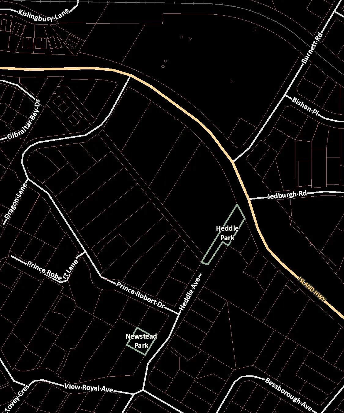 Map overlay with street names, property lines, and park designations