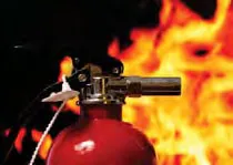 Graphic of a fire extinguisher and flames shown on the sign's electronic display