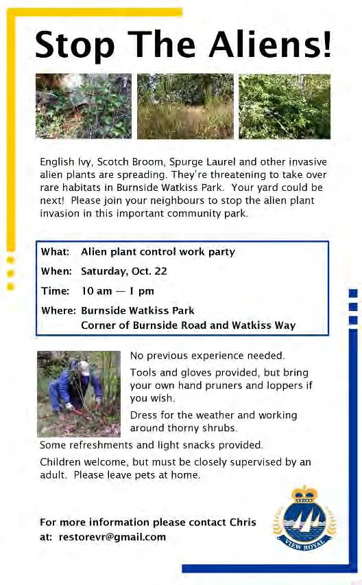 "Stop The Aliens!" flyer advertising an alien plant control work party, featuring photos of English Ivy, Scotch Broom, and Spurge Laurel, as well as a photo of a volunteer clearing invasive plants