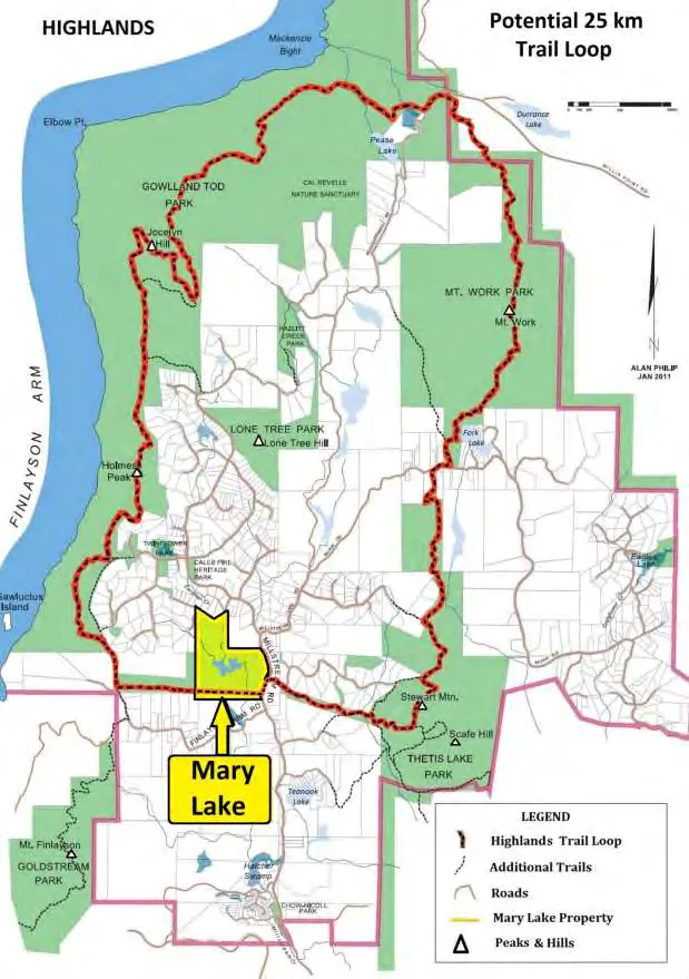 Map of the Highlands area showing the Potential 25 km Trail Loop and the location of the Mary Lake Property