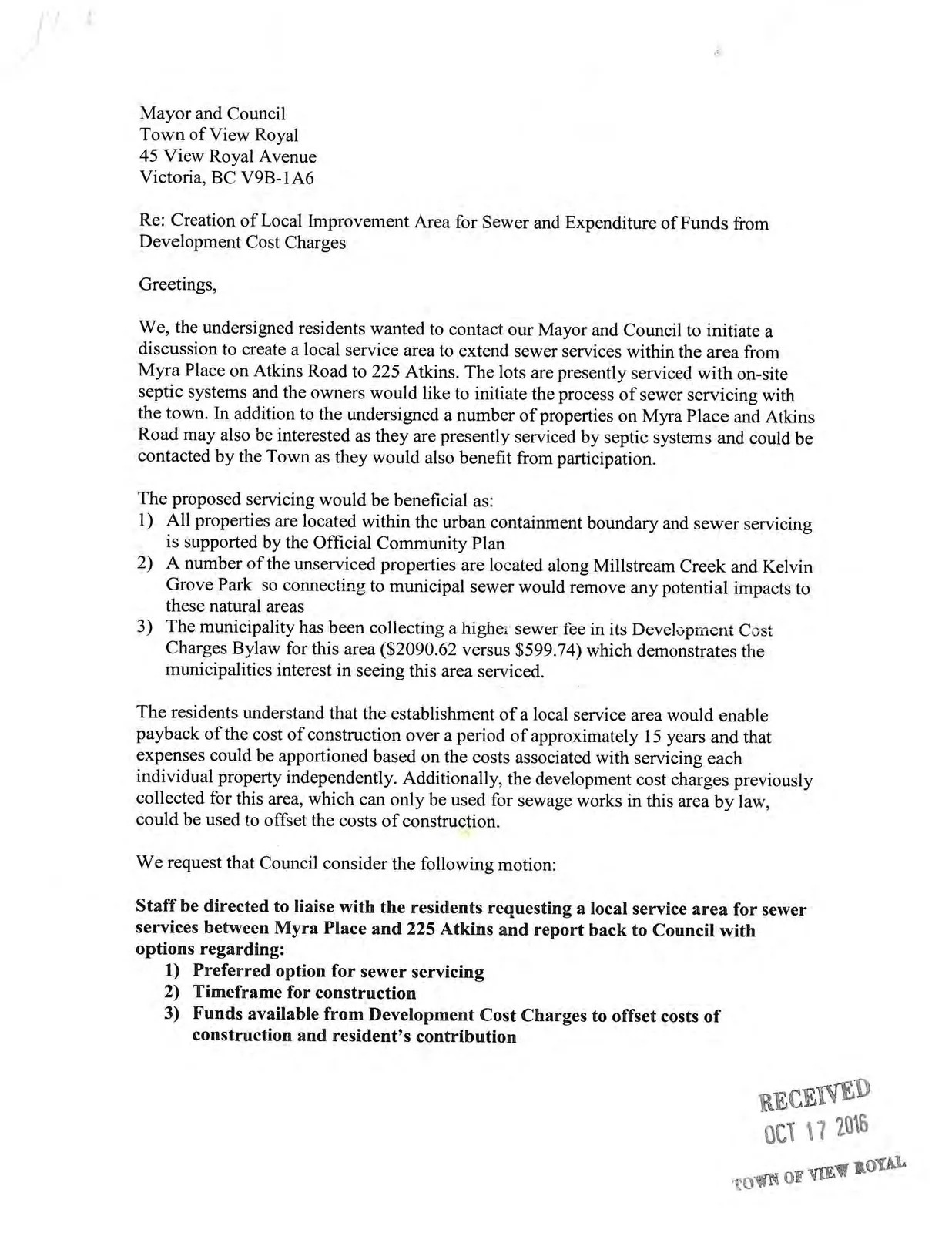 Letter to Mayor and Council regarding the creation of a Local Improvement Area for Sewer services