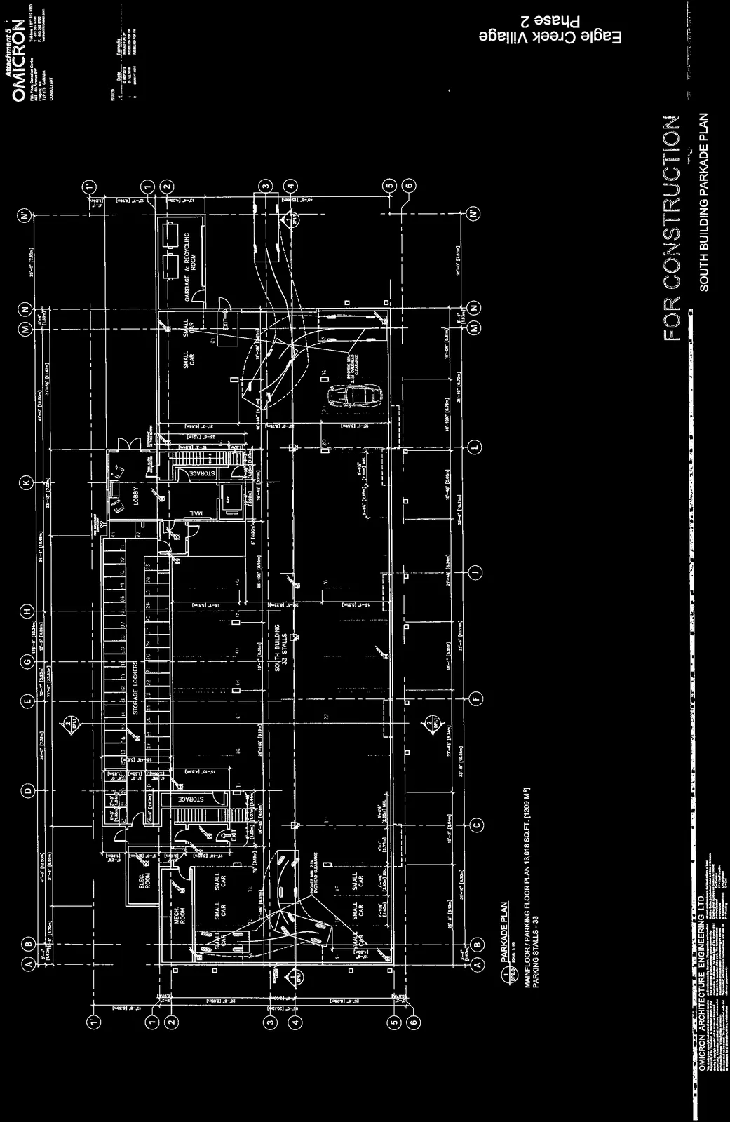 Floor plan diagram for the South Building Parkade at Eagle Creek Village Phase 2, showing 33 parking stalls, 42 storage lockers, electrical room, mechanical room, and lobby.