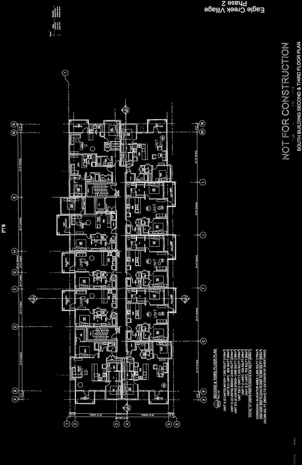 Architectural floor plan for the second and third floors of the South Building, detailing various unit layouts (A, B, C, D1, E2i, F, G) along a central corridor, including balconies and elevator access.