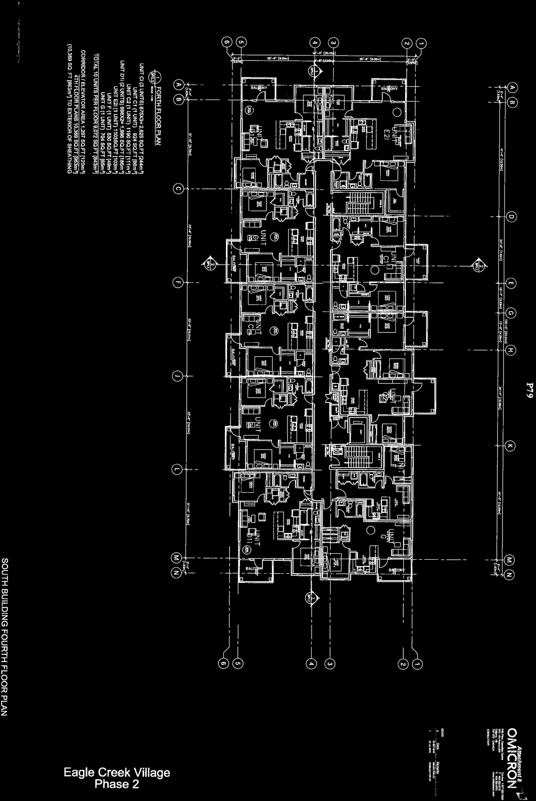 Architectural floor plan for the fourth floor of the South Building, illustrating the layout of unit types E2i, Ci, C2, G, Ci, Ci, F, C1, and D1i, along with corridors, stairwells, and balconies.