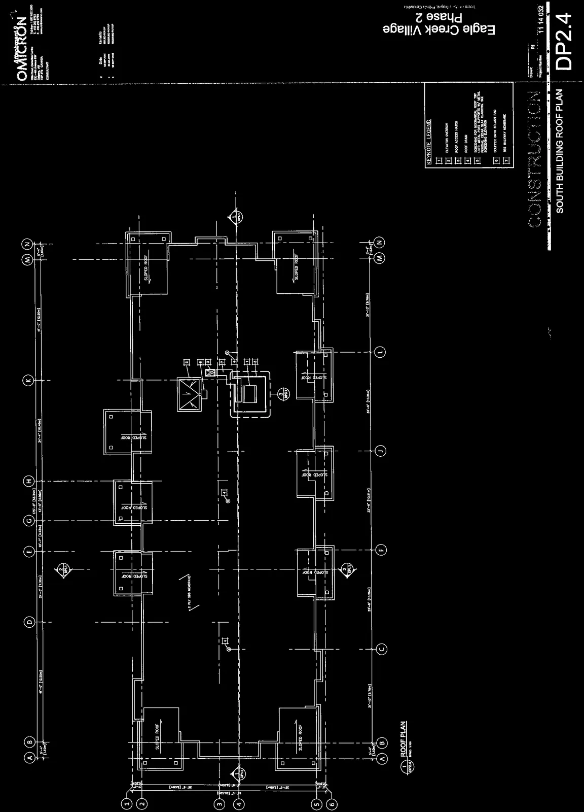 South Building Roof Plan diagram showing grid lines A through N and 1 through 6, including various roof levels, sloped roof sections, and mechanical equipment locations.