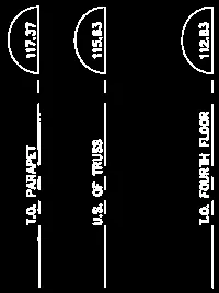 Detail of elevation level markers showing Top of Parapet at 117.37, Underside of Truss at 115.63, and Top of Fourth Floor at 112.83.