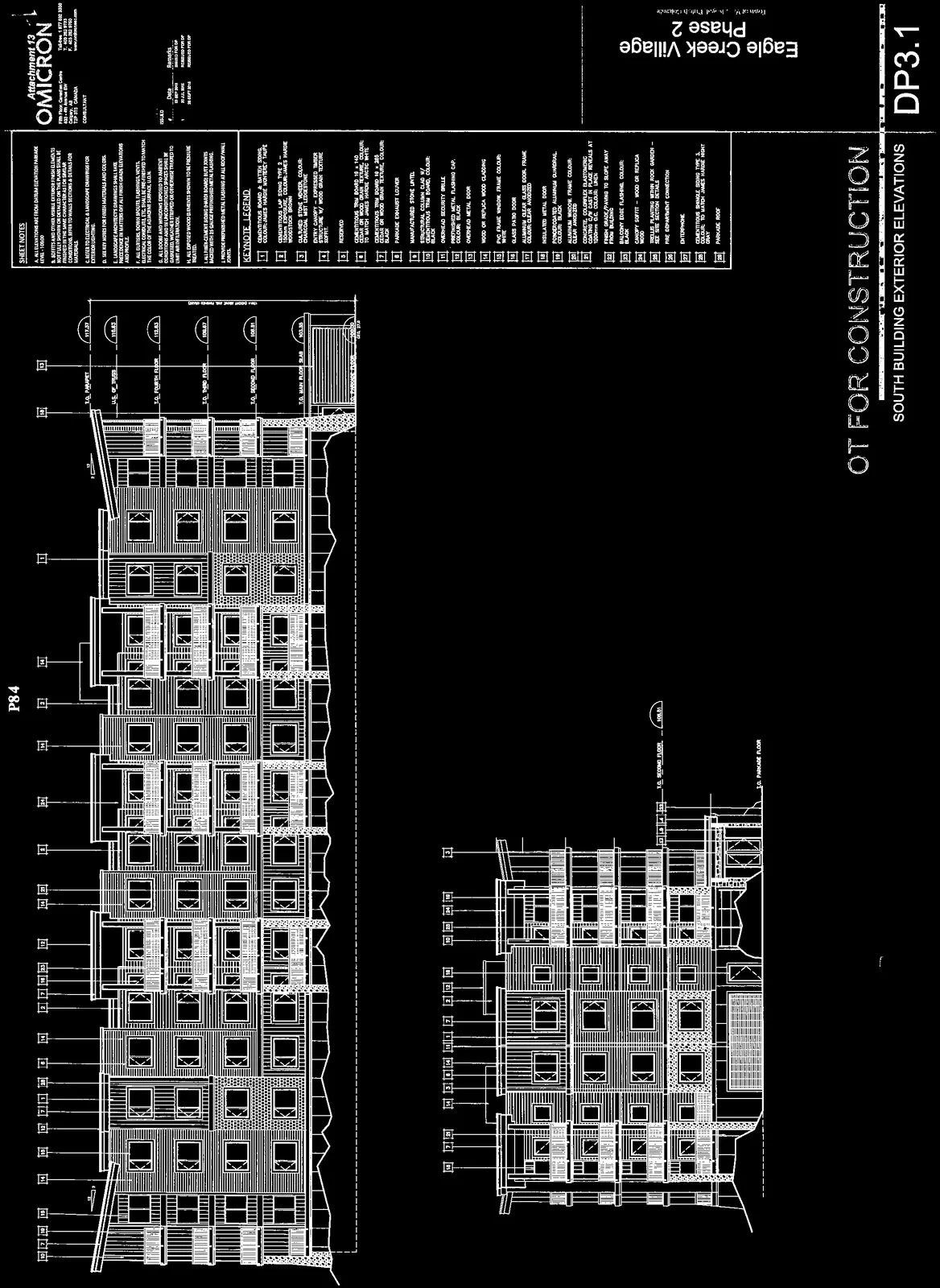 Architectural drawing sheet showing South and East exterior elevations and rooftop screening for Eagle Creek Village Phase 2.