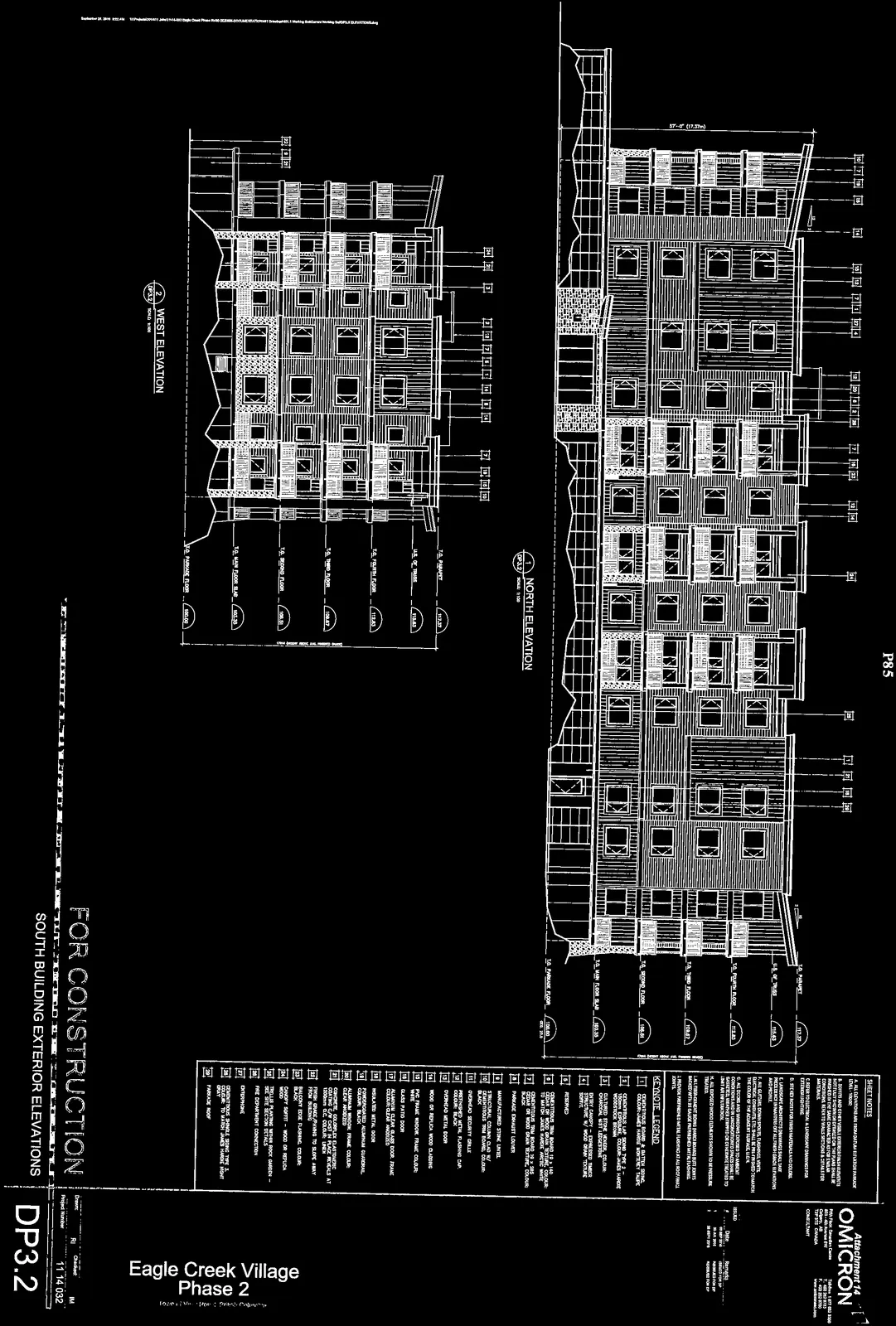 High-contrast architectural drawing showing North and West building elevations with keynote indicators and level markers.