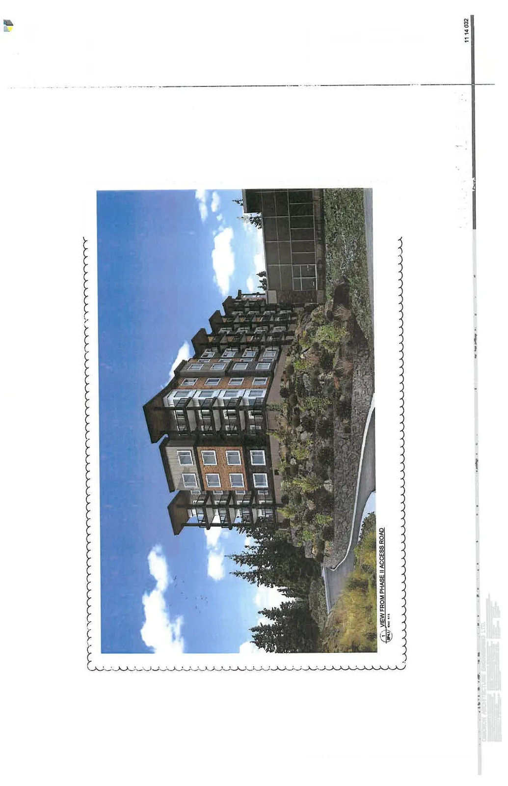 Architectural rendering of the south building for Eagle Creek Village Phase 2, showing a five-story modern residential building with wood-toned and neutral cladding, large windows, and glass balconies. The building is situated on a landscaped, rocky hillside overlooking an access road.