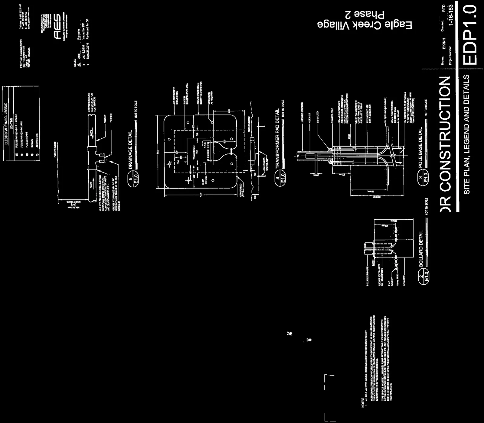 Technical detail drawings including drainage, transformer pad, pole base, and bollard installation.