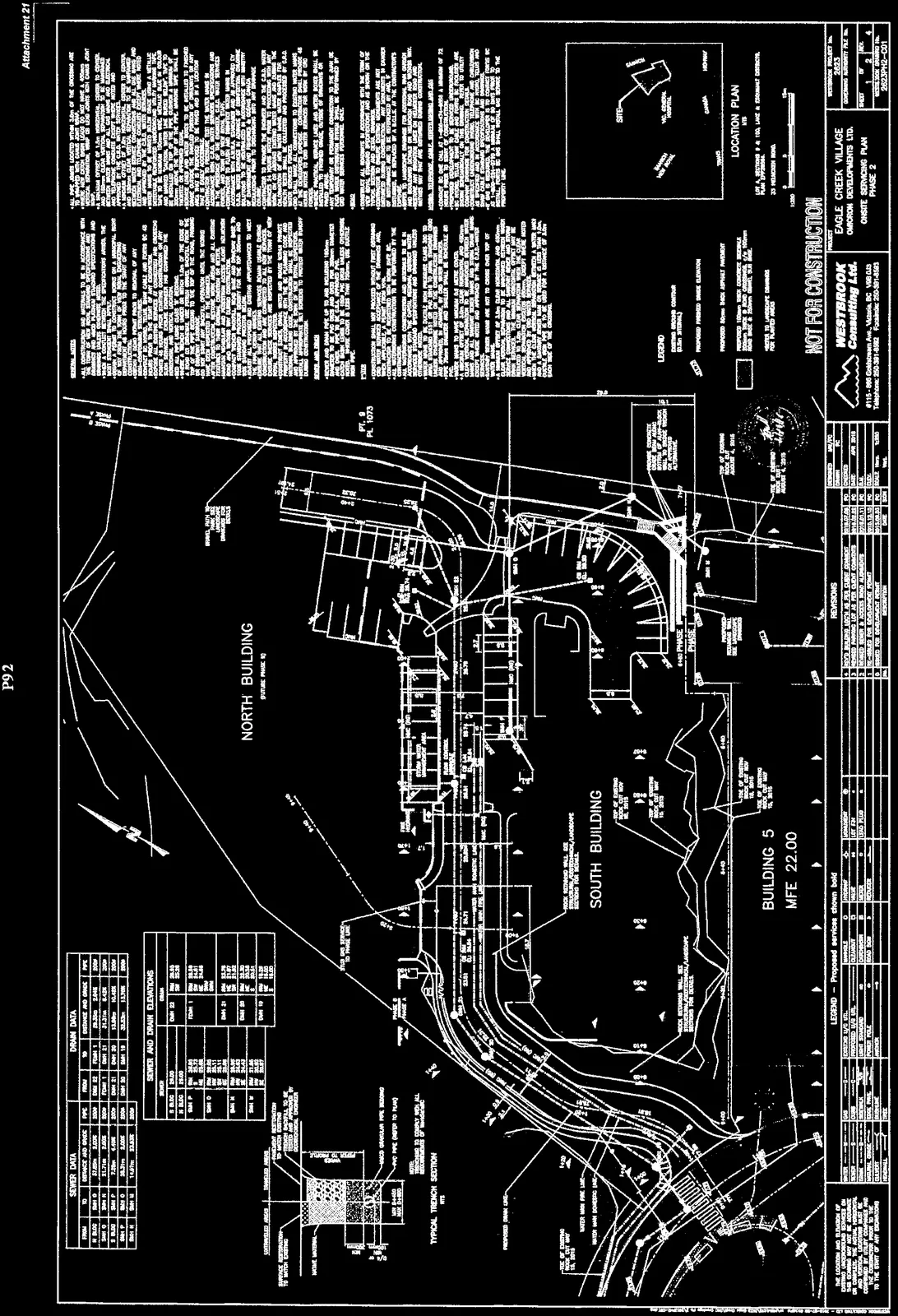 Detailed Onsite Servicing Plan for Phase 2 of Eagle Creek Village, showing North and South Buildings, underground utility layouts for sewer, drain, water, and gas, and site features.
