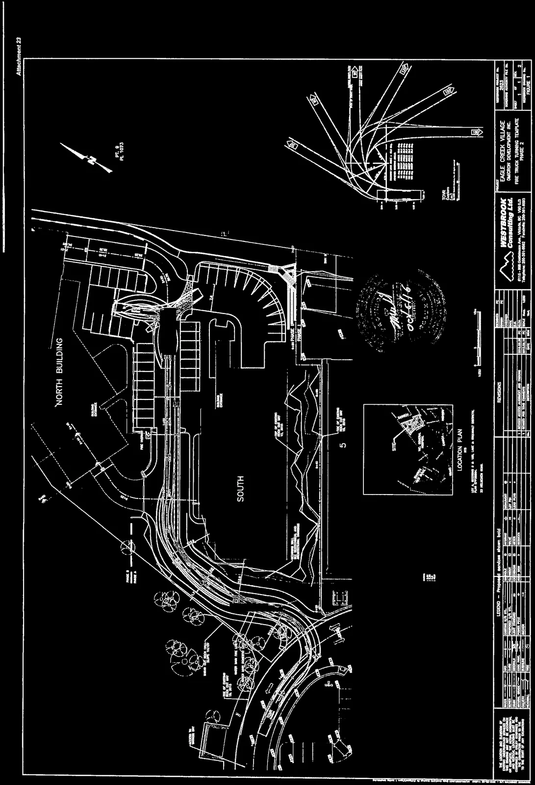 High-contrast site plan detailing the fire truck turning paths and building layouts for Phase 2.