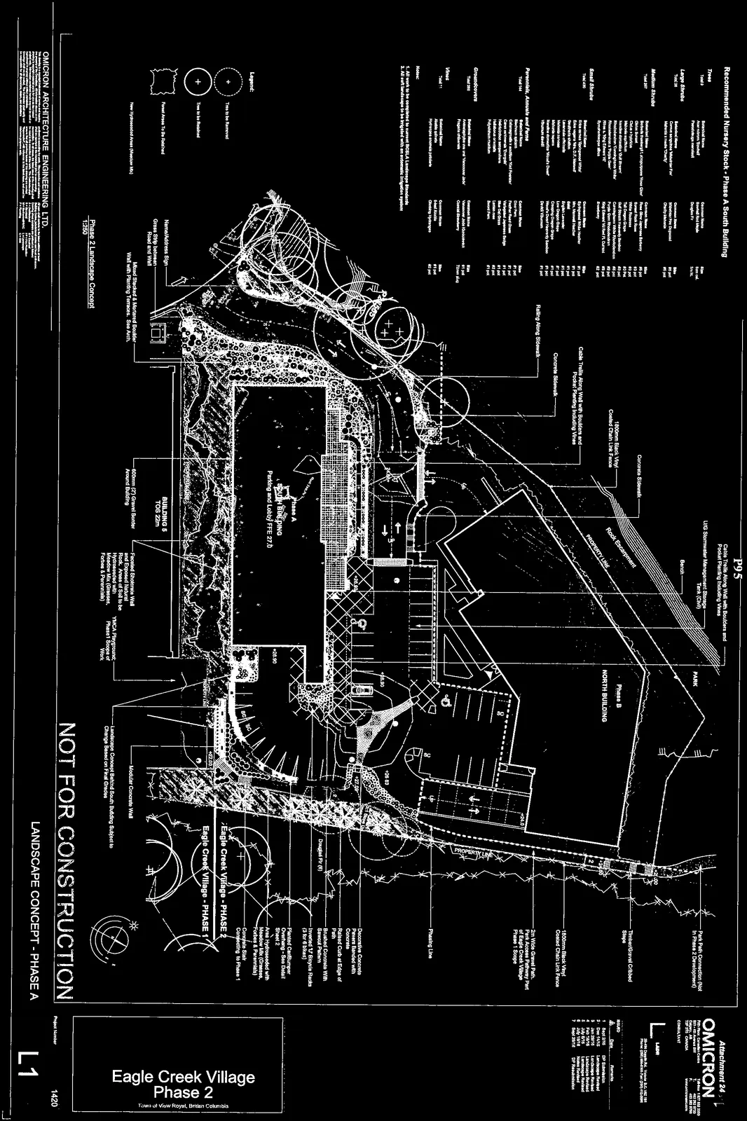 High-contrast inverted view of the full Phase 2 Landscape Concept Plan, showing site details including building footprints, parking areas, walkways, and landscape annotations.