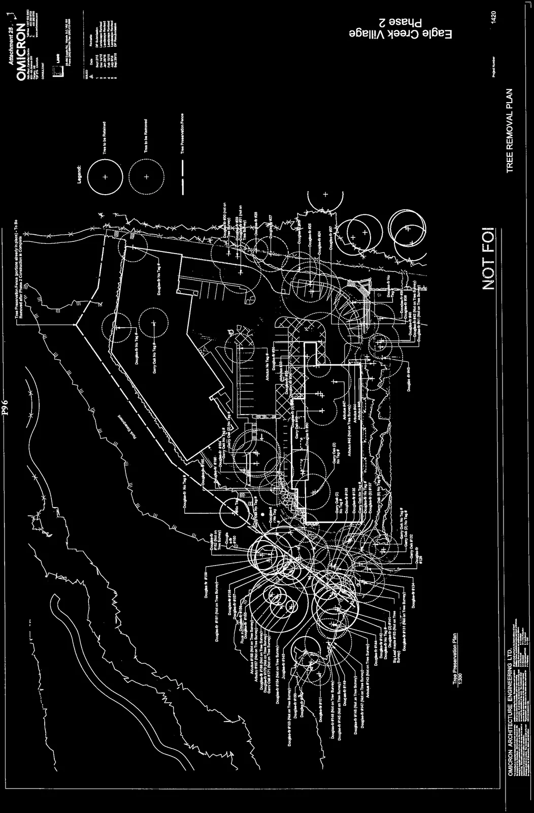 Inverted high-contrast version of the Eagle Creek Village Phase 2 tree removal site plan