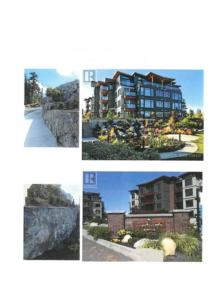 A collection of four photographs illustrating tiered stone retaining walls and boulder-integrated landscaping. The photos include close-ups of stone-faced walls and wide shots of multi-story residential buildings featuring landscaping with large boulders and flowering plants. One photo includes a sign for "Trumpeters Landing".