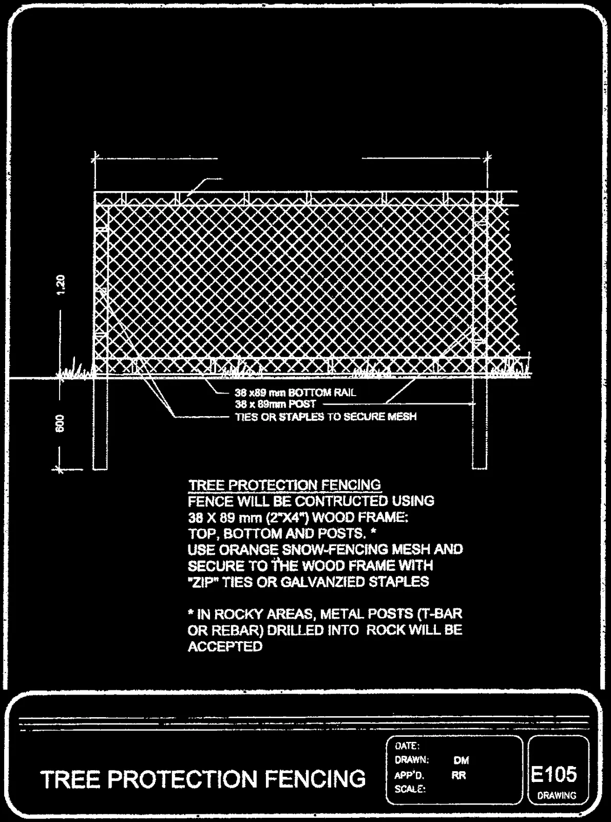 Technical diagram E105 for tree protection fencing