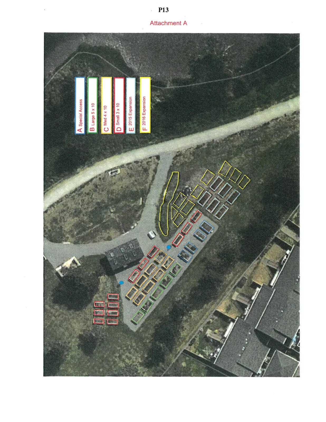 Aerial photograph showing a community garden layout with plots outlined in various colors, accompanied by a color-coded legend indicating different plot sizes and expansion years.