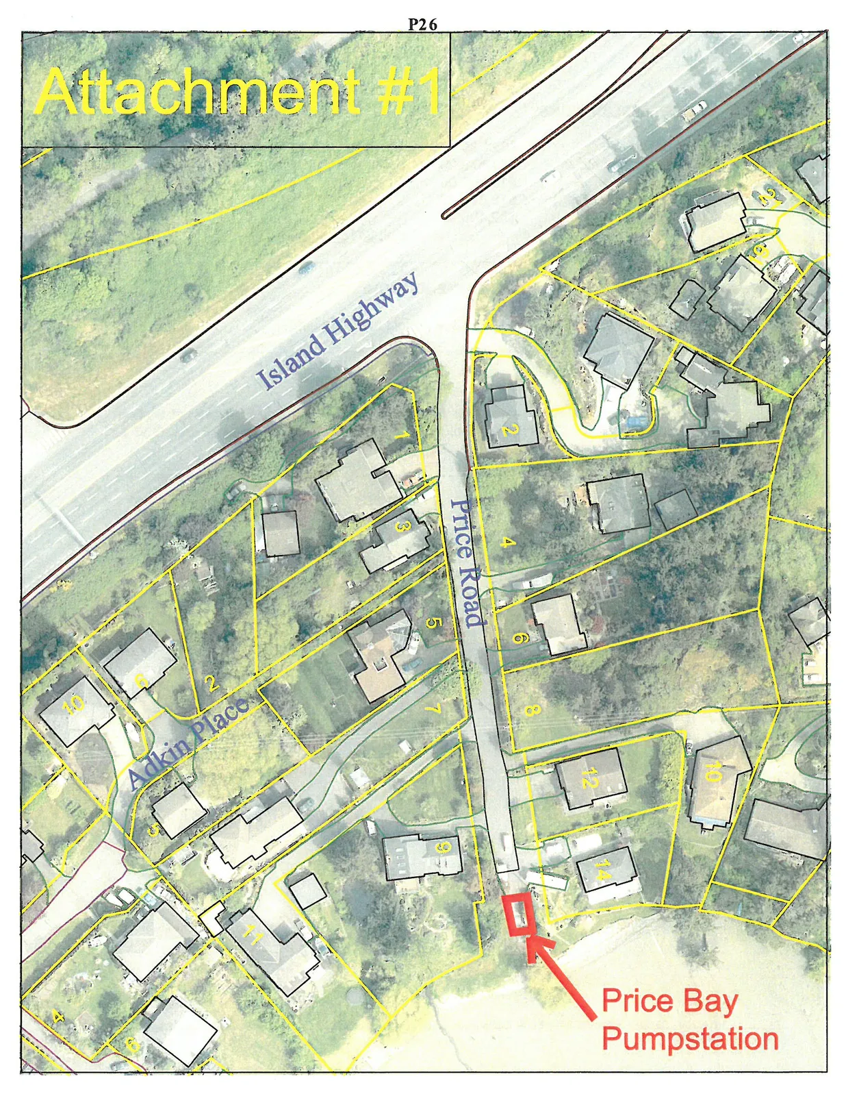 Aerial map showing residential properties at the intersection of Island Highway and Price Road. The map includes lot boundaries, building footprints, and labels for "Island Highway", "Price Road", and "Adkin Place". A red arrow points to a red highlighted area at the terminus of Price Road near the shoreline, labeled "Price Bay Pumpstation".