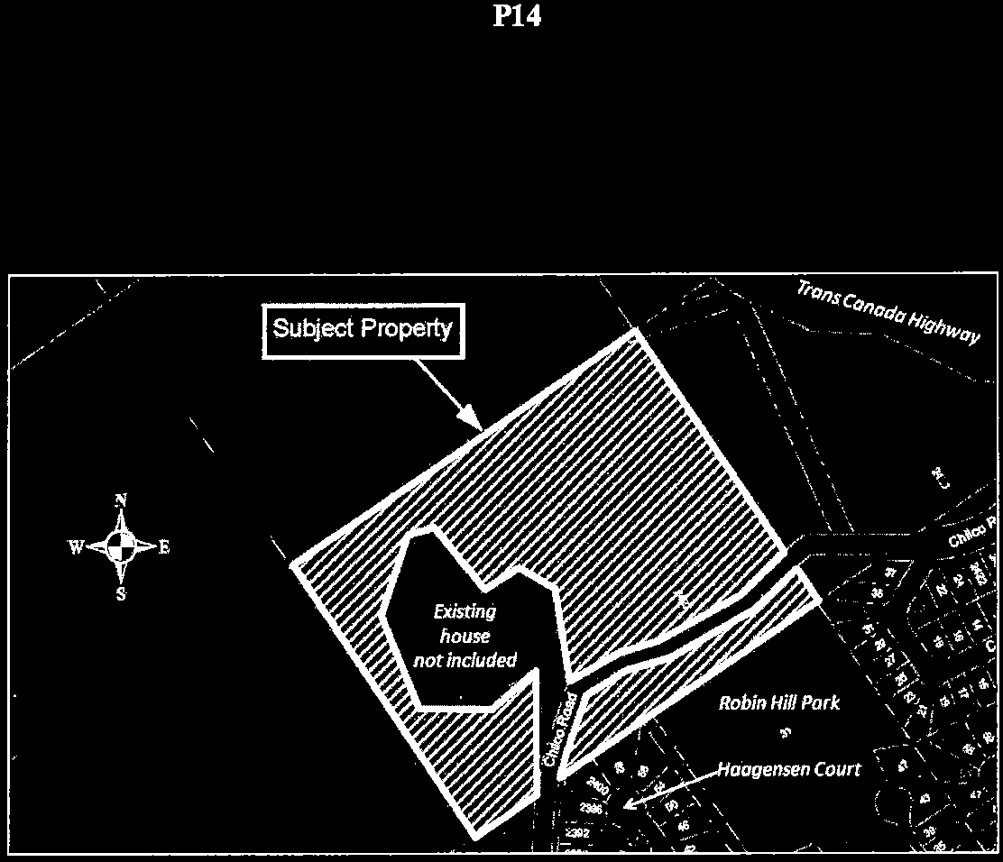 Subject Property Location Map highlighting the area at 2427 Chilco Road with diagonal hatching. The map notes an "Existing house not included" area and shows surrounding landmarks including Mill Hill Park, Robin Hill Park, Chilco Road, Haagensen Court, and the Trans Canada Highway.