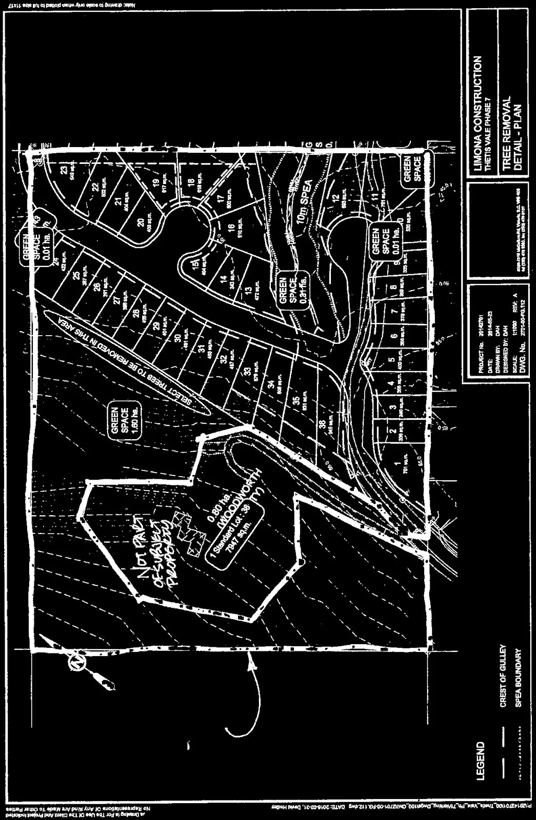 Technical site plan drawing for Thetis Vale Phase 7, showing proposed lot layouts, green space designations, and areas marked for tree removal.