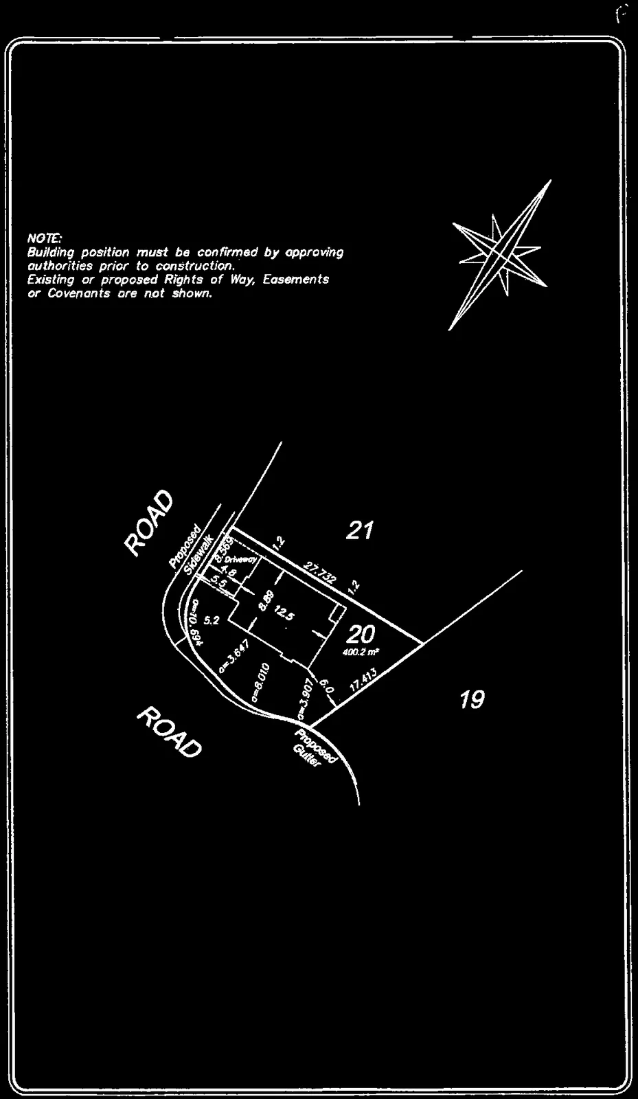 Site plan diagram showing the proposed foundation position for Lot 20, including setbacks from the road and adjacent lots 19 and 21