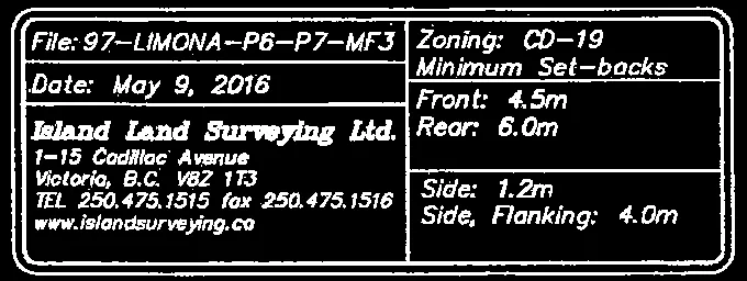 Project information block for Lot 20 survey, detailing file reference, date, zoning, and setback requirements