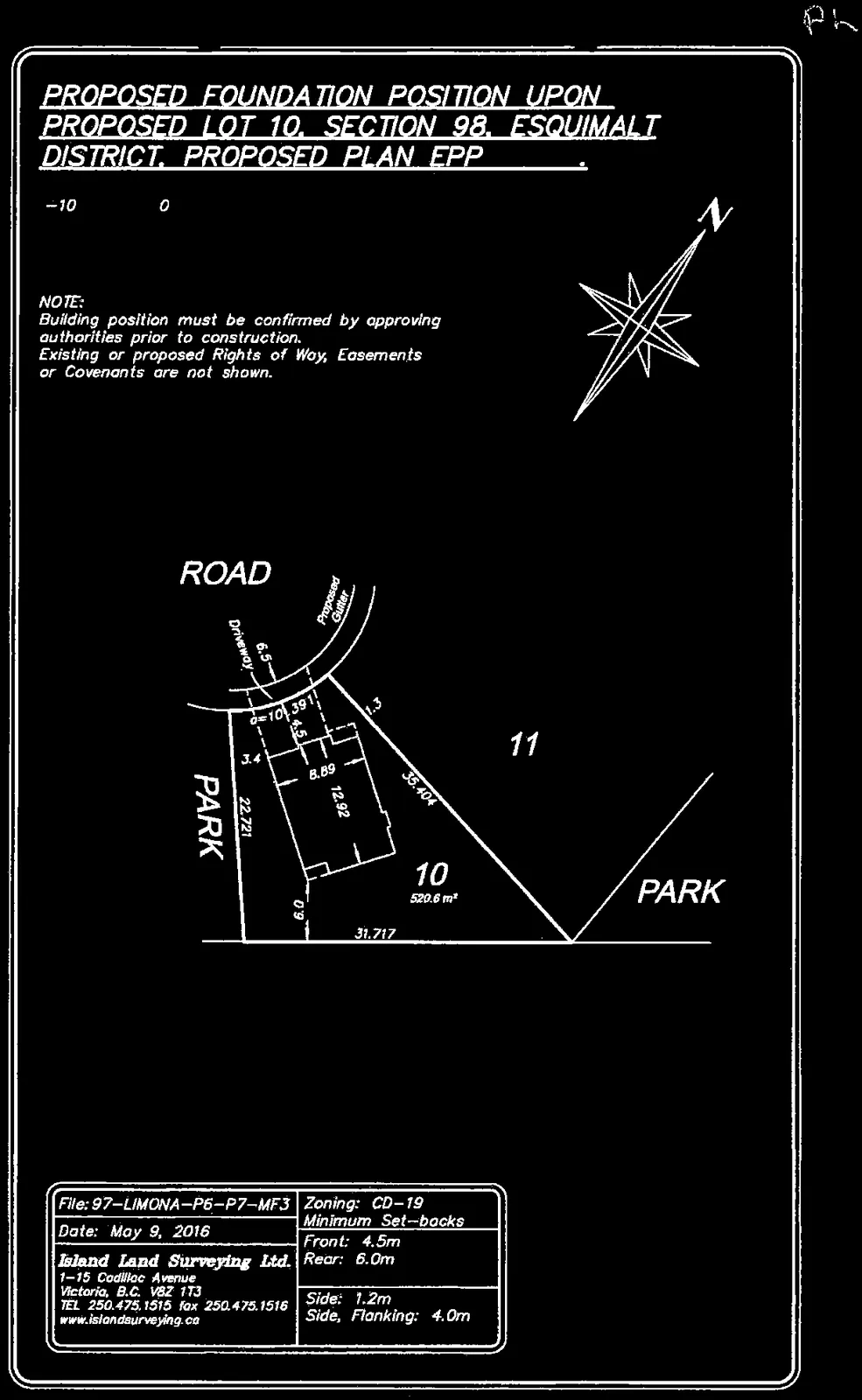 Site plan diagram showing the proposed foundation position for Lot 10, showing proximity to the road, park areas, and lot 11, with an integrated survey information table