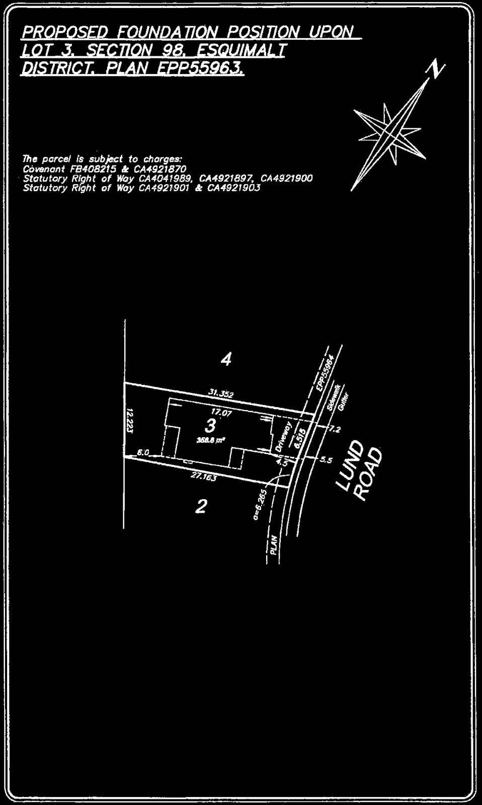 Site plan showing proposed foundation position on Lot 3 (368.8 m²), including lot dimensions and setbacks relative to Lund Road and adjacent lots 2 and 4.