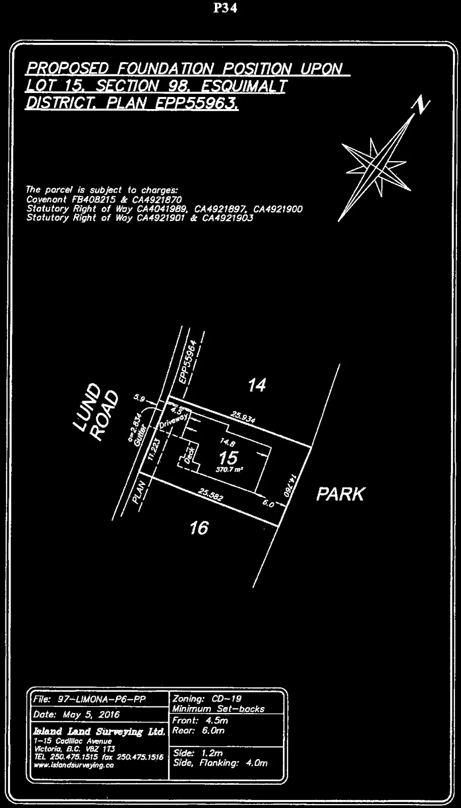 Site plan showing proposed foundation position on Lot 15 (370.7 m²), adjacent to Lund Road, a park area, and lots 14 and 16.