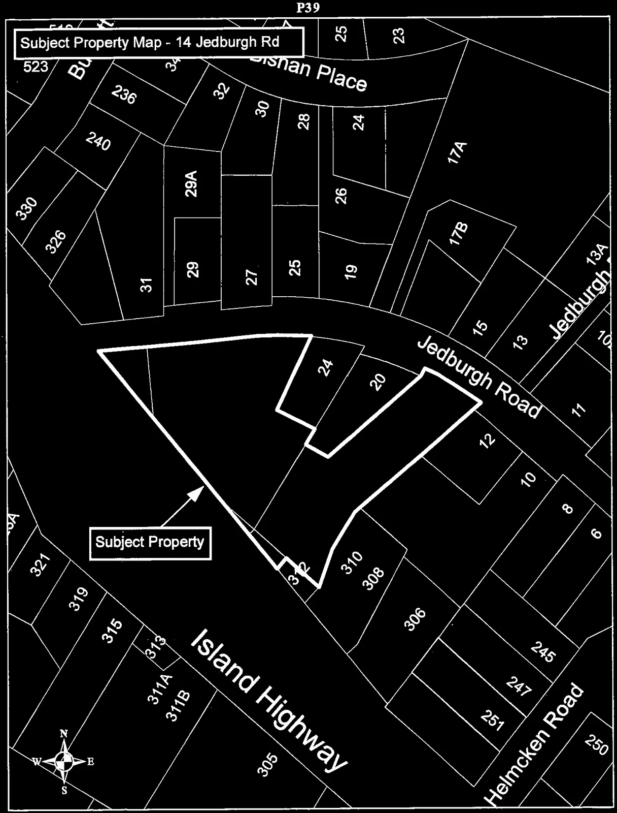 Property map highlighting the "Subject Property" at 14 Jedburgh Road with a thick black outline. The map shows surrounding lots and streets, including Island Highway, Jedburgh Road, Helmcken Road, and Shan Place, and includes a compass rose indicating North.