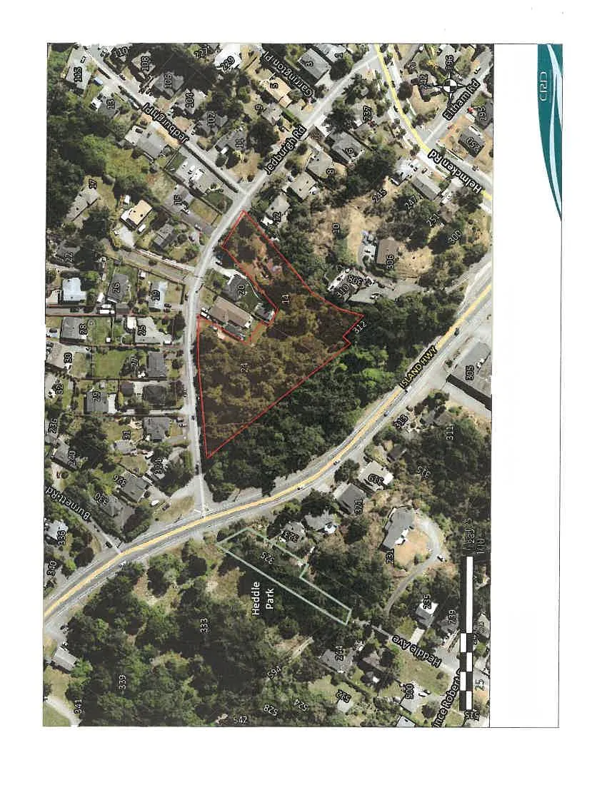 Aerial orthophoto showing the subject property at 14 Jedburgh Rd outlined in red, situated between Jedburgh Rd and Island Hwy, with surrounding features including Burnett Rd, Heddle Park, and Heddle Ave.