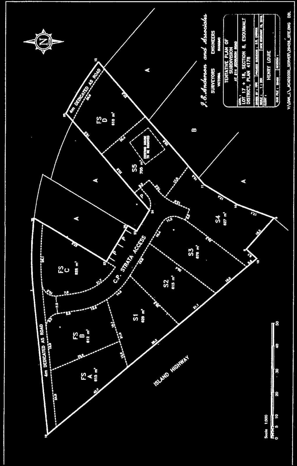 Tentative plan of subdivision for 814 Jedburgh Road, showing proposed lot divisions FS A through FS D and S1 through S5, including road dedications and strata access.