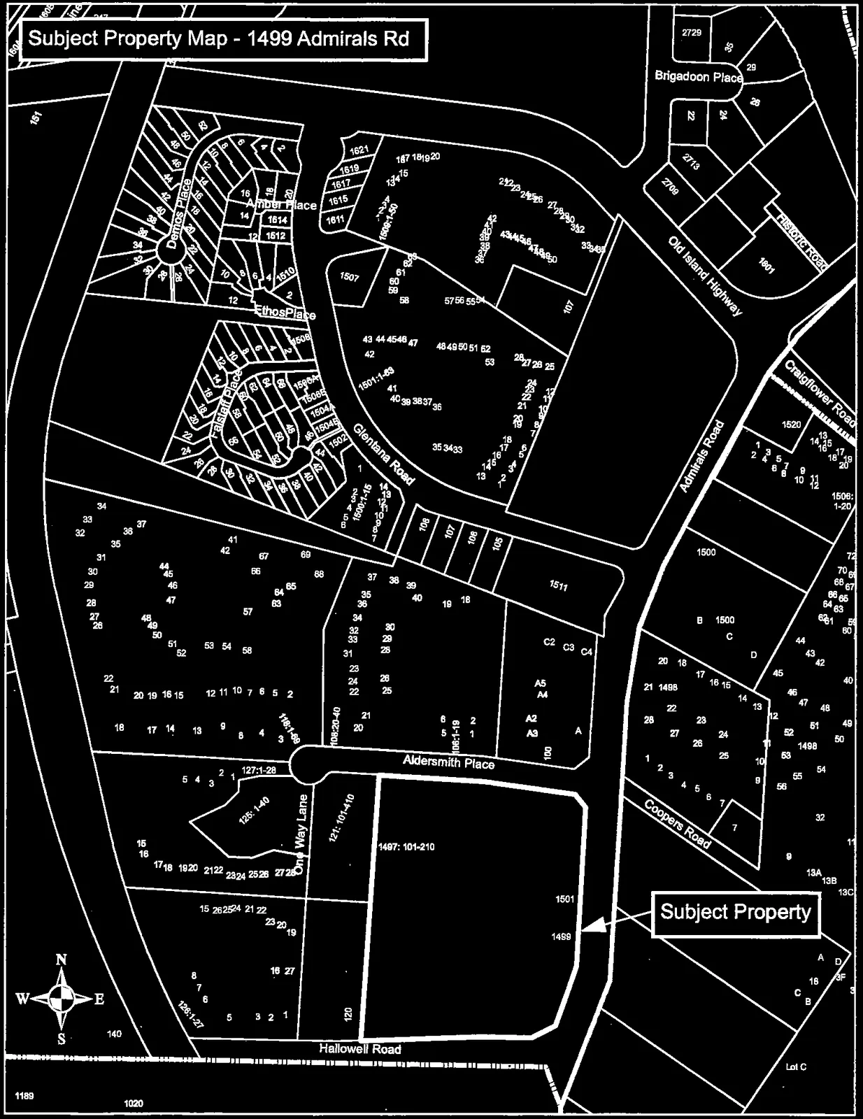 A detailed cadastral map titled "Subject Property Map - 1499 Admirals Rd" showing property lots, addresses, and street layouts. The map features a "Subject Property" box with an arrow pointing to lot 1499 on Admirals Rd. Surrounding streets include Old Island Highway, Craigflower Road, Glentana Road, Aldersmith Place, Coopers Road, Hallowell Road, One Way Lane, Ethos Place, Amber Place, Demos Place, and Falstaff Place. Numerous lot numbers and street addresses are visible across the subdivided parcels. A compass rose is located in the bottom left corner.