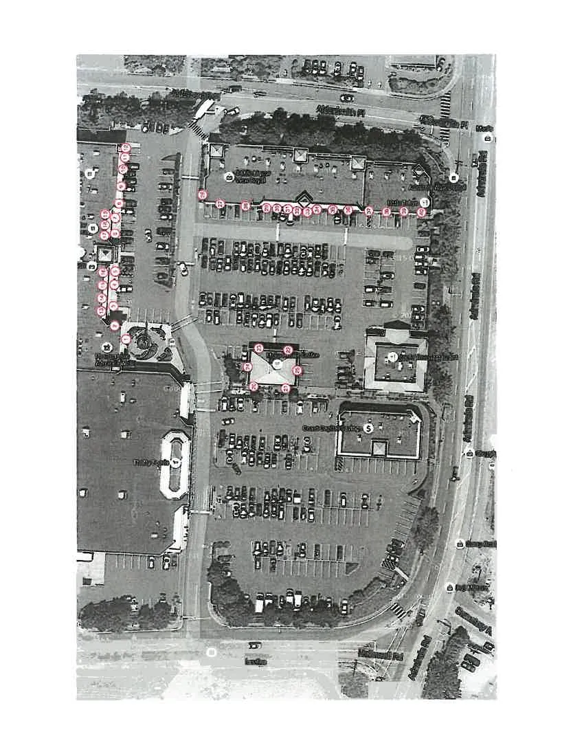 Aerial map of a commercial plaza located at the intersection of Hammond Road and Ashcroft Road. Red numbered markers (1 through 40) are distributed across the site to indicate specific locations for building and storefront signage.
