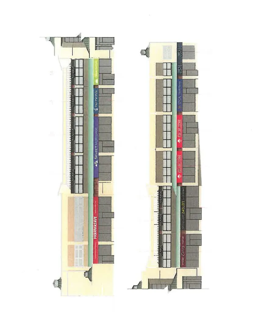 Architectural elevations of the main building complex showing storefronts and signage for the following units:
* **1:** PHARMASAVE
* **3:** SELECT MORTGAGE
* **4:** Your Pet Pals
* **9:** Curves
* **11:** AVALON
* **12:** DOLLAR STORE
* **13:** BC SPCA Thrift Store
* **14, 15, 16, 17, 18:** Generic "SIGNAGE" placeholder locations